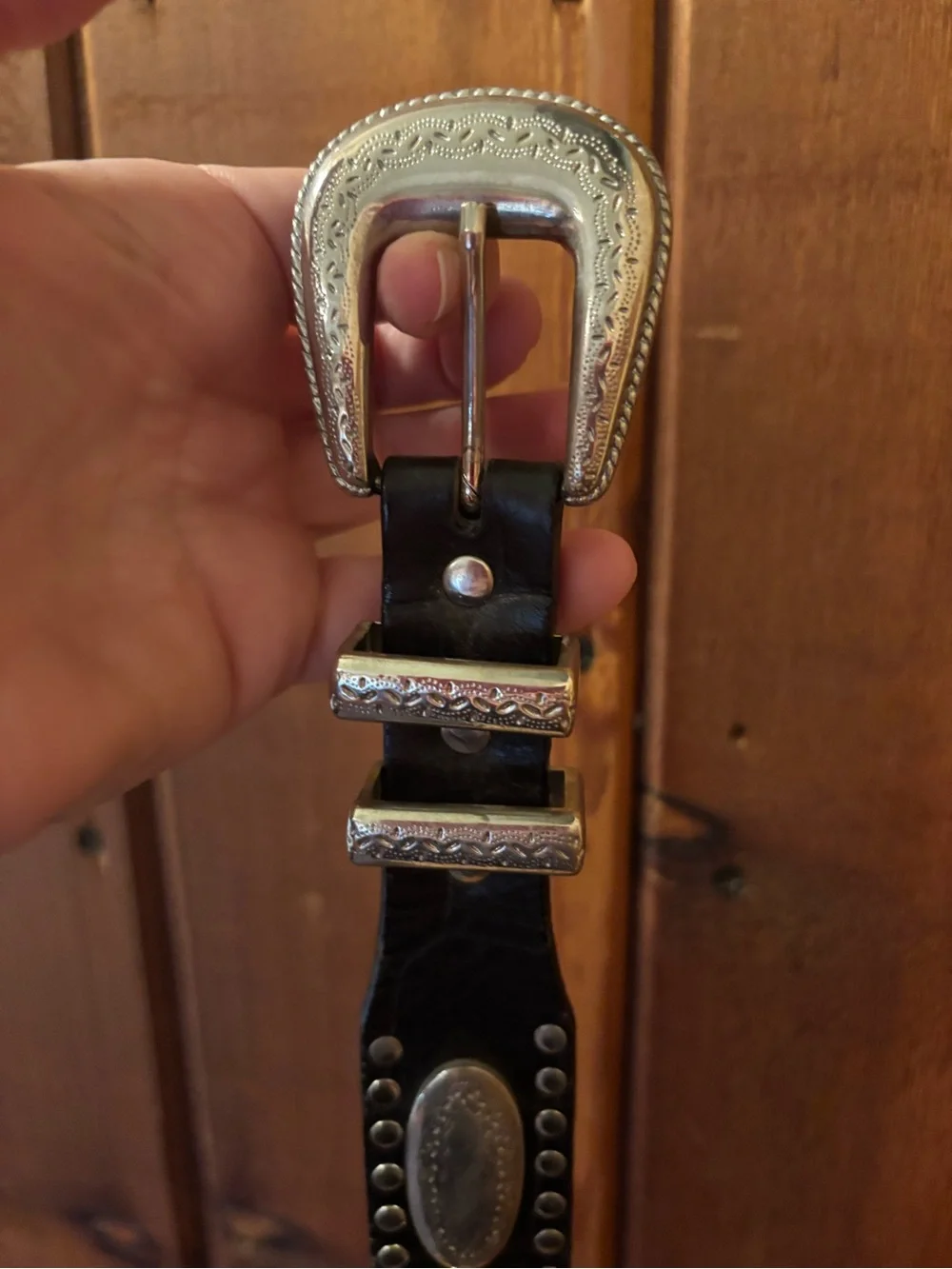Unisex Black Leather Belt with Silver Accents